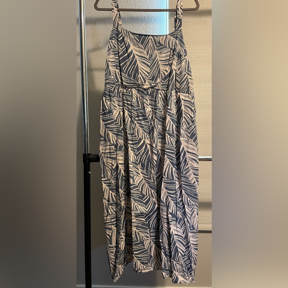 Blue and Cream Leaf Print A-Line Dress